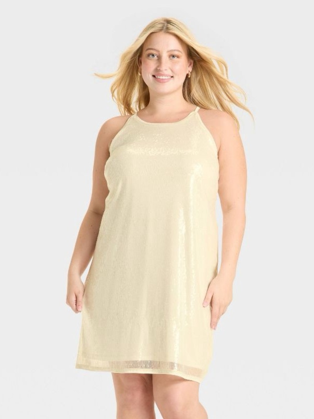 A New Day Sequin Halter Mini Dress Womens Large Cream Low Back Sparkly evening